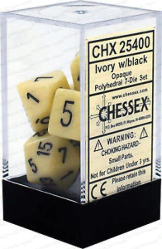 Chessex opaque ivory/black dice set with dense feel and sharp edges for reliable gameplay.
