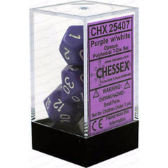 Chessex dice opaque purple/white set with top-read numbers for RPG clarity.