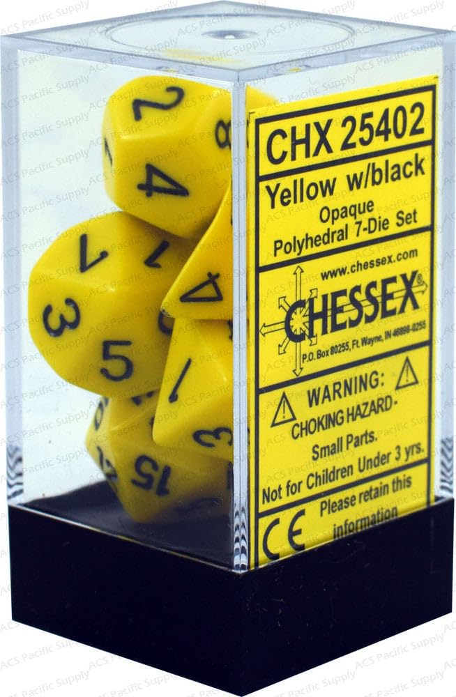 Chessex opaque yellow-black pack shot emphasizes uniform size and color.