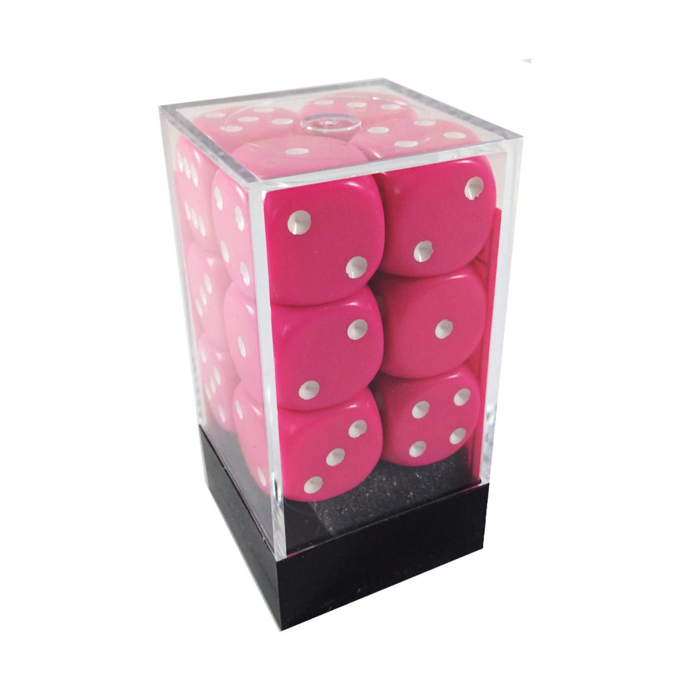 Chessex DND dice set, opaque pink and white 16mm dice for high-damage rolls.