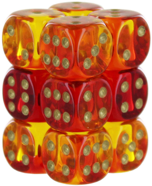 Chessex Gemini 12-dice set in translucent red, yellow and gold for premium gameplay variety