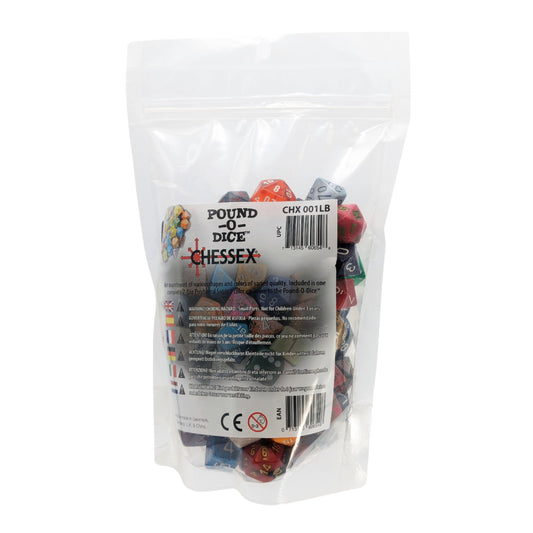 Chessex Pound O Dice bag with assorted dice for on-hand spare sets and quick dice pools.