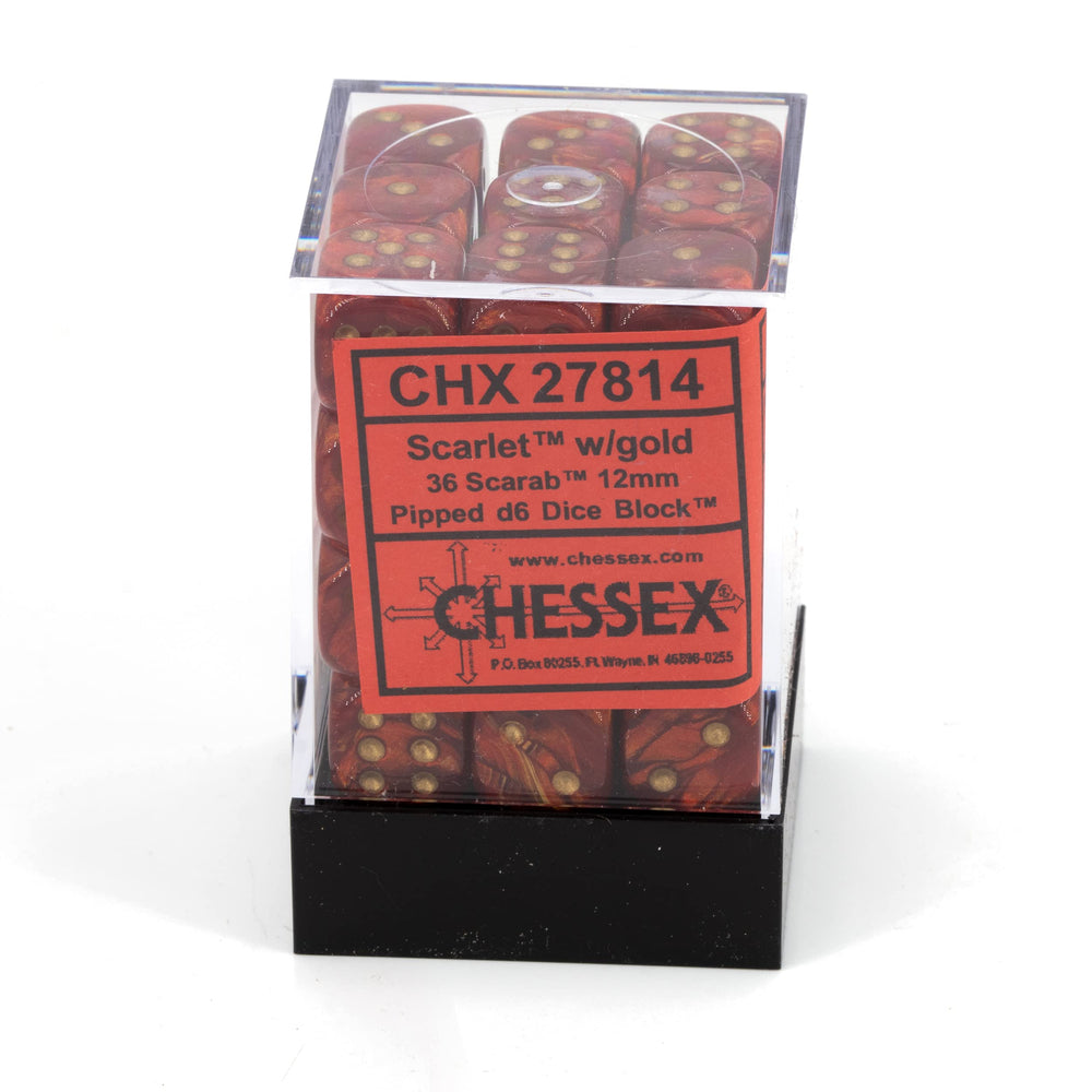 Chessex Scarab Scarlet with Gold 12mm d6 close-up highlighting vivid color contrast