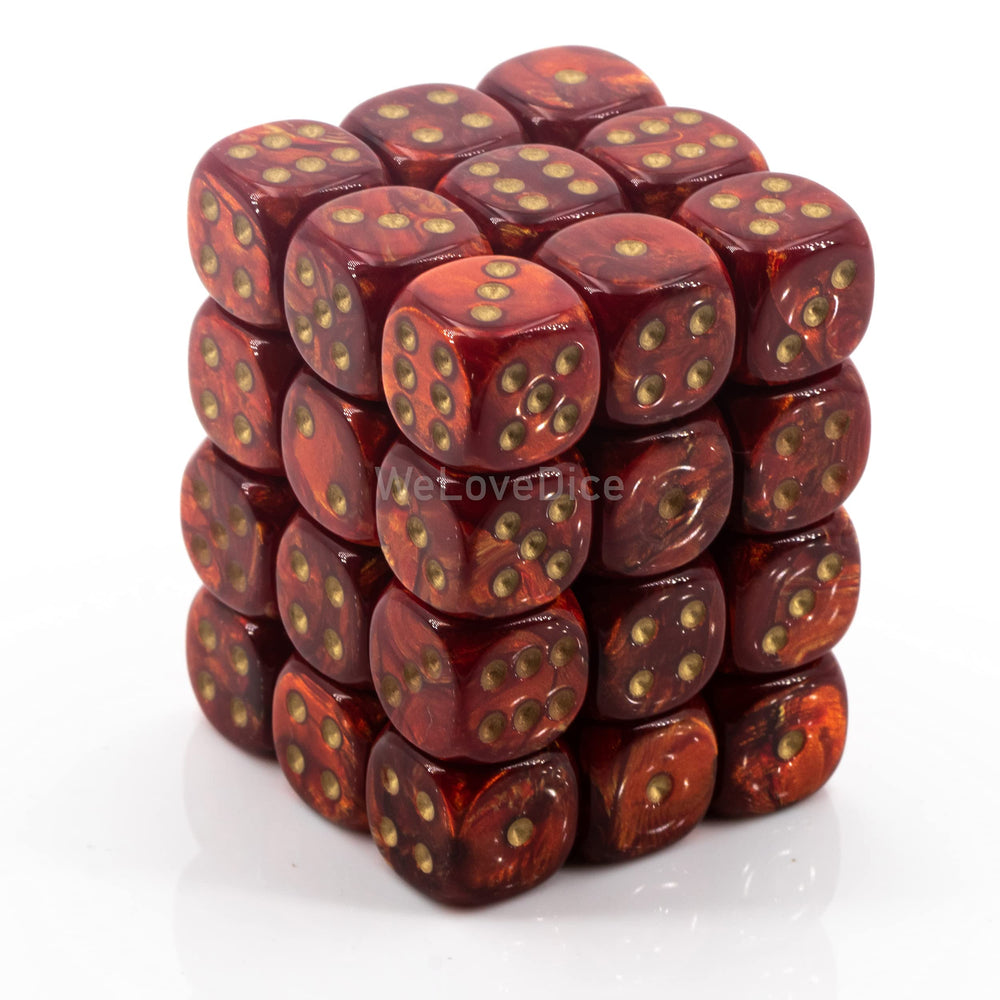 Chessex Scarab Scarlet with Gold 12mm d6 set, front view for RPG sessions and collection