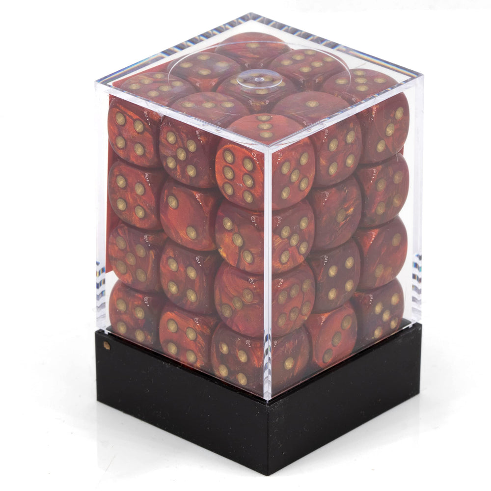 Chessex Scarab Scarlet with Gold 12mm d6 set, stacked for compact travel dice
