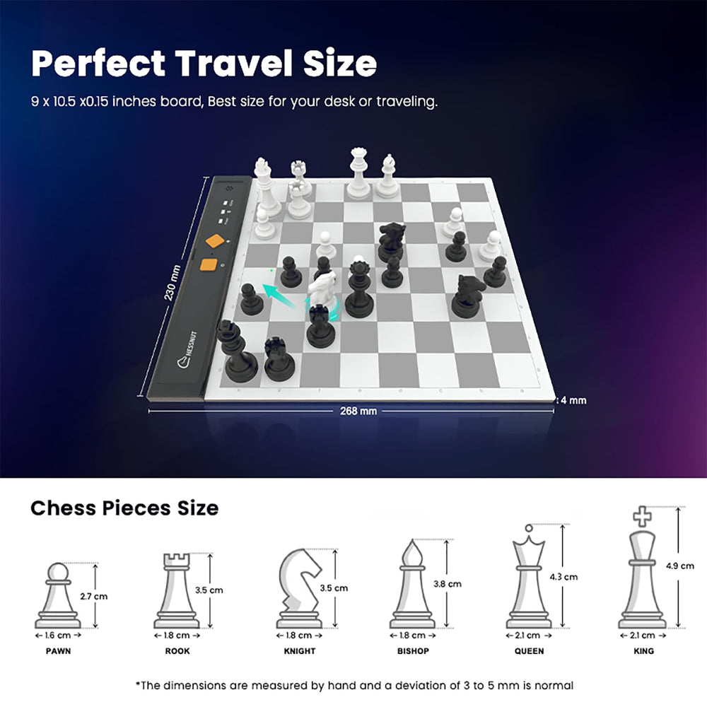 Chessnut Go Ultimate travel board measures 9 x 10.5 inches for desk or on-the-go use.