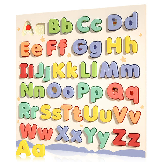 CHHQLZS Alphabet Puzzles toddler board teaches letters through tactile play and word-building practice.