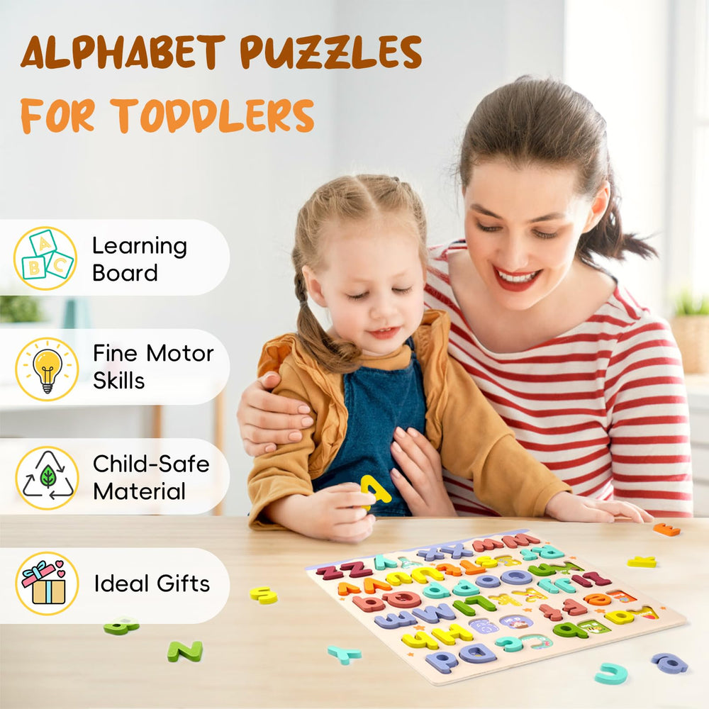 CHHQLZS wooden letter pieces with bright colors support early recognition and fine-motor skills.
