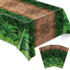 Chiazllta forest path tablecloth with dinosaur party scene for kids' birthday setup.