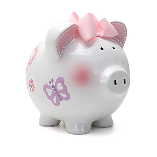 Child to Cherish butterfly piggy bank front view with vibrant hand-painted finish