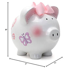 Child to Cherish butterfly piggy bank glazed finish emphasizing durability and keepsake