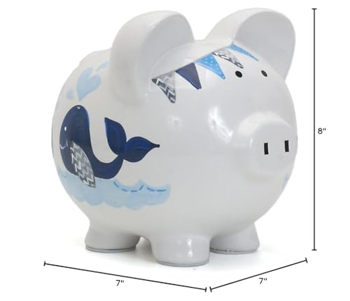 Detailed glaze highlight on Child to Cherish blue double whale piggy bank