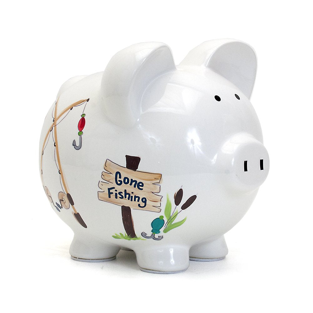 Child to Cherish Gone Fishing piggy bank front view, charming nursery keepsake that invites saving