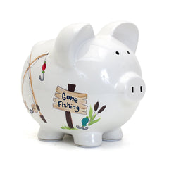 Child to Cherish Gone Fishing piggy bank front view, charming nursery keepsake that invites saving