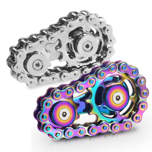 Chilvil rainbow-silver metal fidget spinner close-up showing vibrant finish and smooth rotation for focus