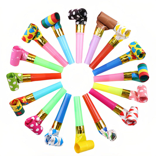 Chinshwehaw party blowouts in random colors add festive sound to celebrations.