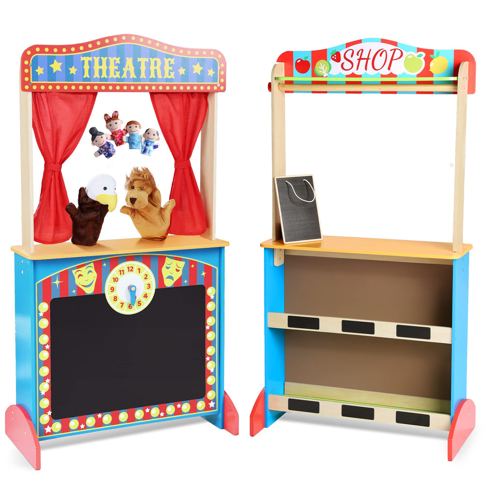 CHIUHEI Deluxe Puppet Theater front-curtains invites kids to start a whimsical show.