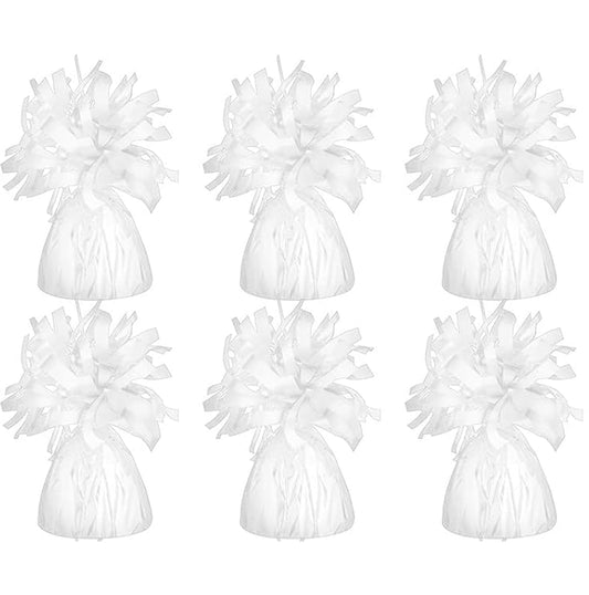 Chochkees white metallic balloon weights with classic design secure balloons for festive displays.