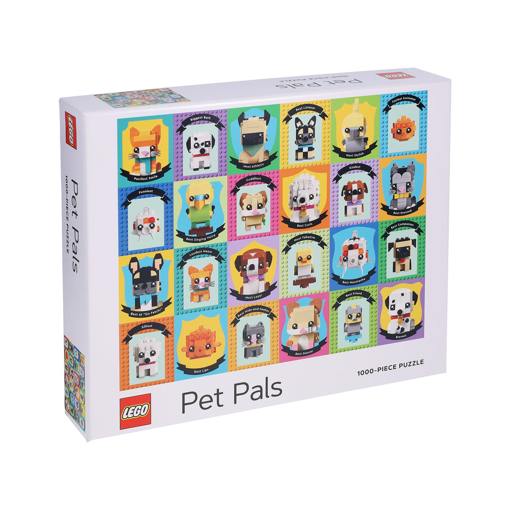 Chronicle Books Lego Pet Pals puzzle shows a cat and dog scene for family fun