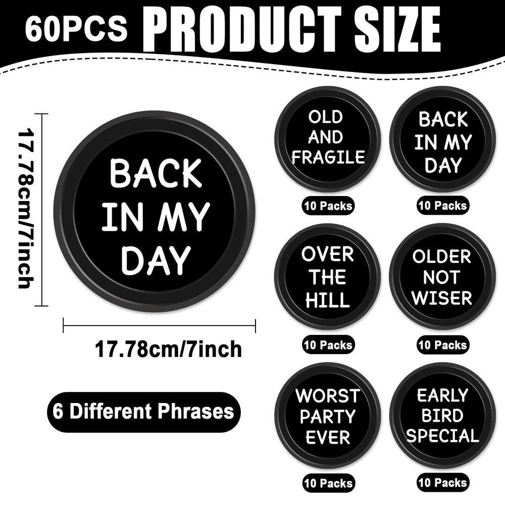 CHUNNIN bold-phrases-plates featuring cheeky sayings to spark laughter at aging celebrations.