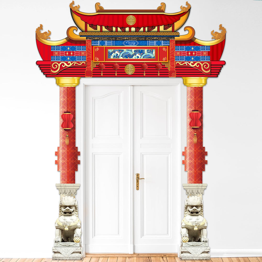 CHUNNIN Chinese New Year door top banner with traditional eaves and lions for festive entry.