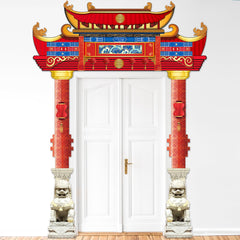 CHUNNIN Chinese New Year door top banner with traditional eaves and lions for festive entry.