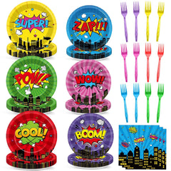 CHUNNIN hero plates dinner 24pc with cityscape designs for kid parties; easy cleanup afterward