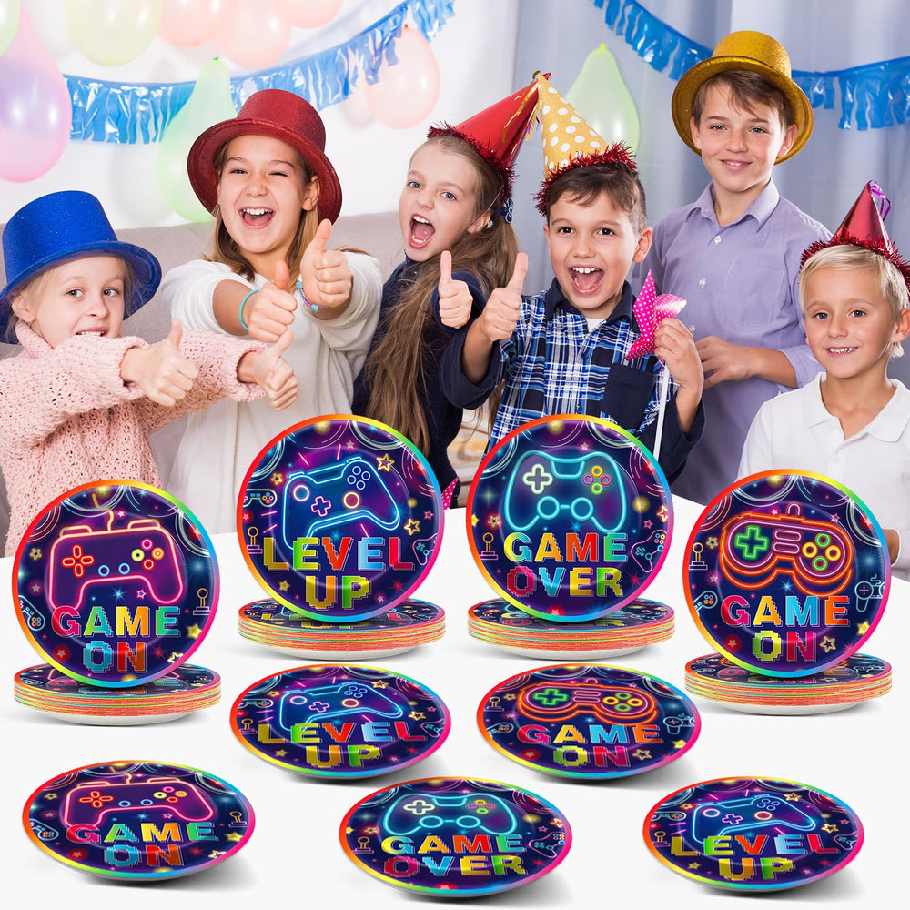 CHUNNIN neon video game plates on a table, perfect for gaming-themed gatherings.