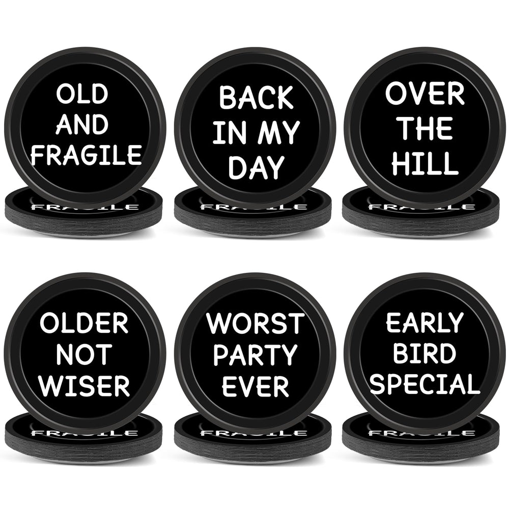 CHUNNIN old-man birthday plates set with six humorous quotes for adult party fun.