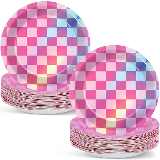 CHUNNIN pink iridescent checkered plate 7 inch for birthday celebrations