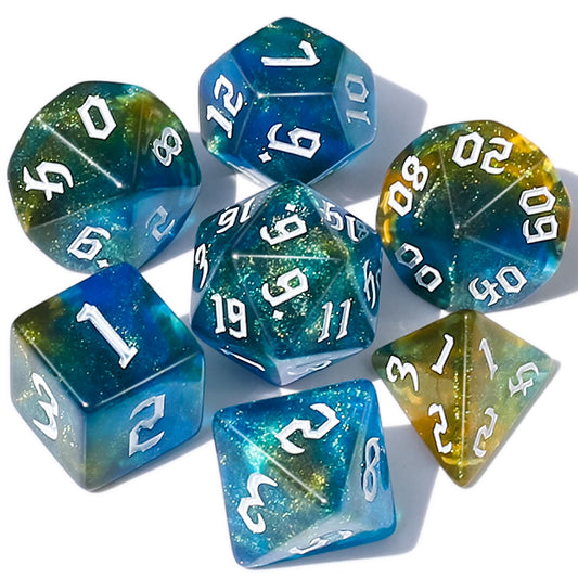 CiaraQ DND polyhedral dice set on table in blue-yellow glitter, ideal for quick initiative rolls