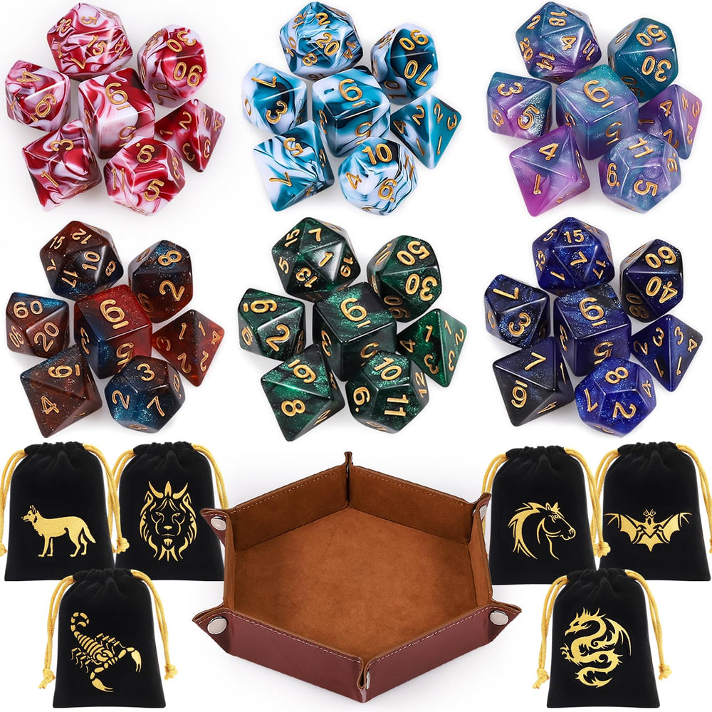 CiaraQ polyhedral dice set overview showing color variety for RPG sessions