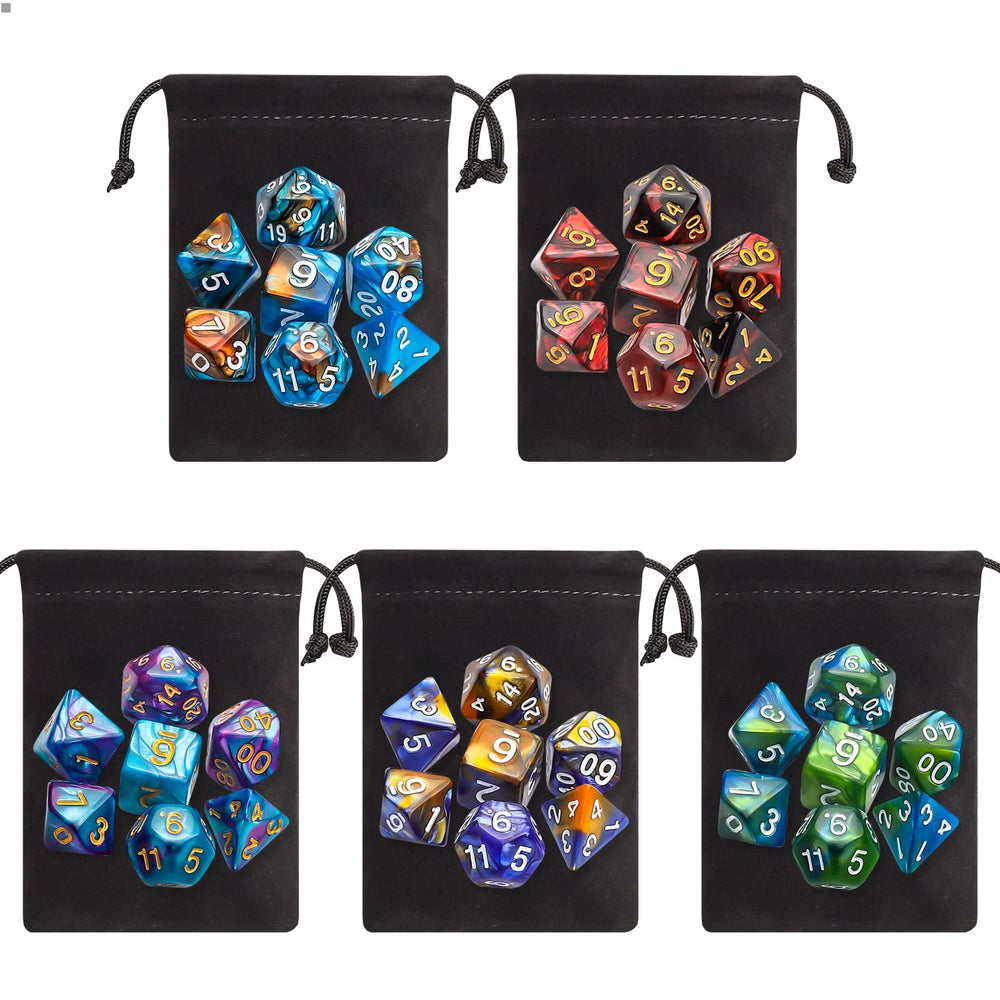 CiaraQ polyhedral dice set all-dice layout highlights color variety.