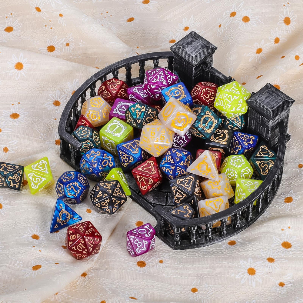 CiaraQ polyhedral D20 die with multi-color swirls for dramatic table visuals.
