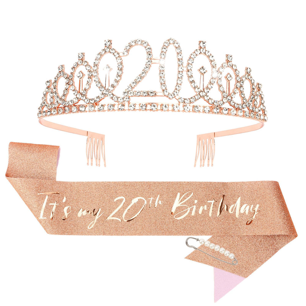 CIEHER 20th birthday sash in rose gold glitter for stylish milestone photos.