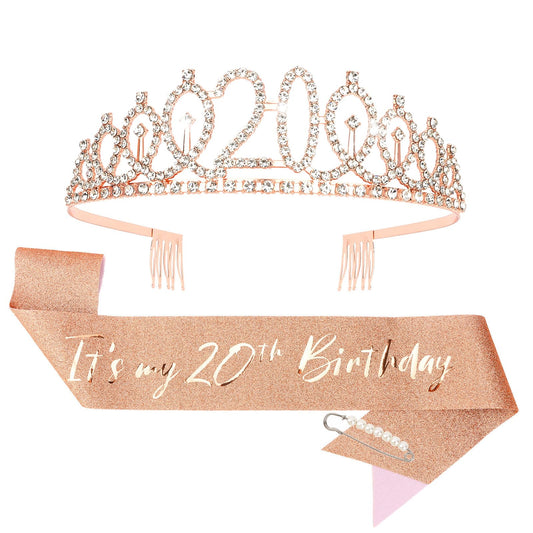 CIEHER 20th birthday sash in rose gold glitter for stylish milestone photos.