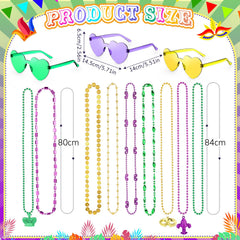 Civaner bead necklaces and heart sunglasses in purple gold green for parades.