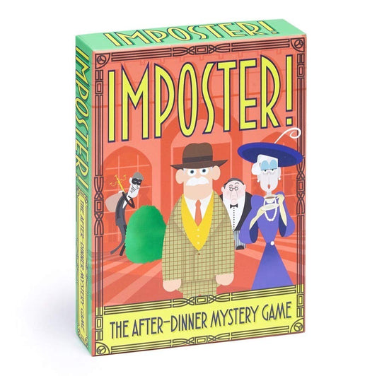 Clarendon Games Imposter! box and components on a table, ideal for family game night.