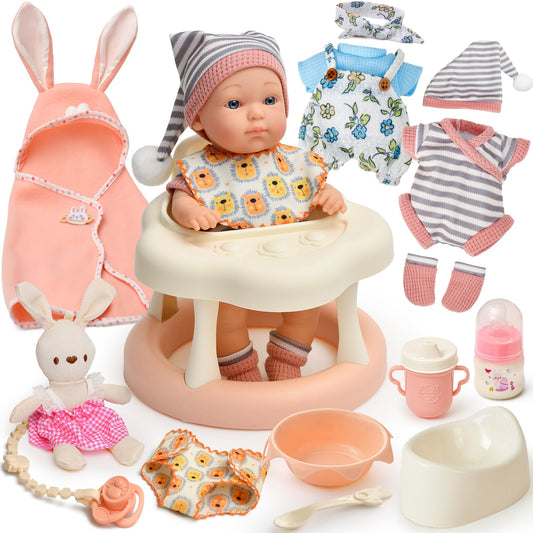 Cleboen 9-inch baby doll in walker chair for imaginative play.