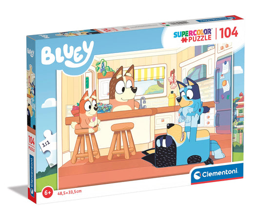 Clementoni Bluey Supercolor 104-piece puzzle for kids ages 6 and up, vivid colors.