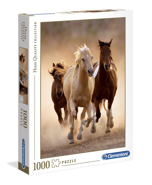 Clementoni Running Horses Puzzle artwork with vivid colors for engaging family puzzle time.