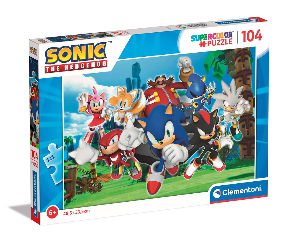 Clementoni Sonic 104-piece puzzle packaging with vibrant artwork for kids.
