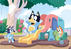 Clementoni Bluey 104-piece puzzle assembled showing a colorful scene for shared play.