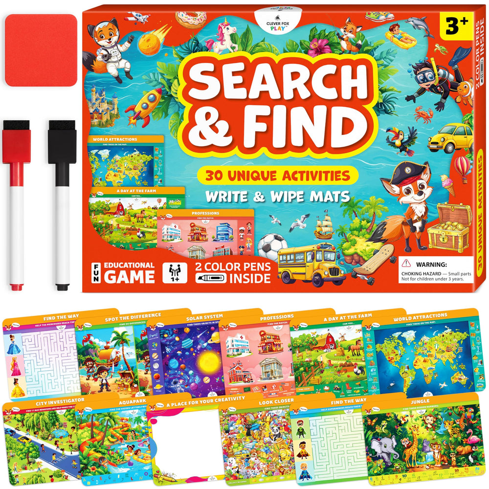Clever Fox Play Search & Find mats cover, screen-free early learning opportunity