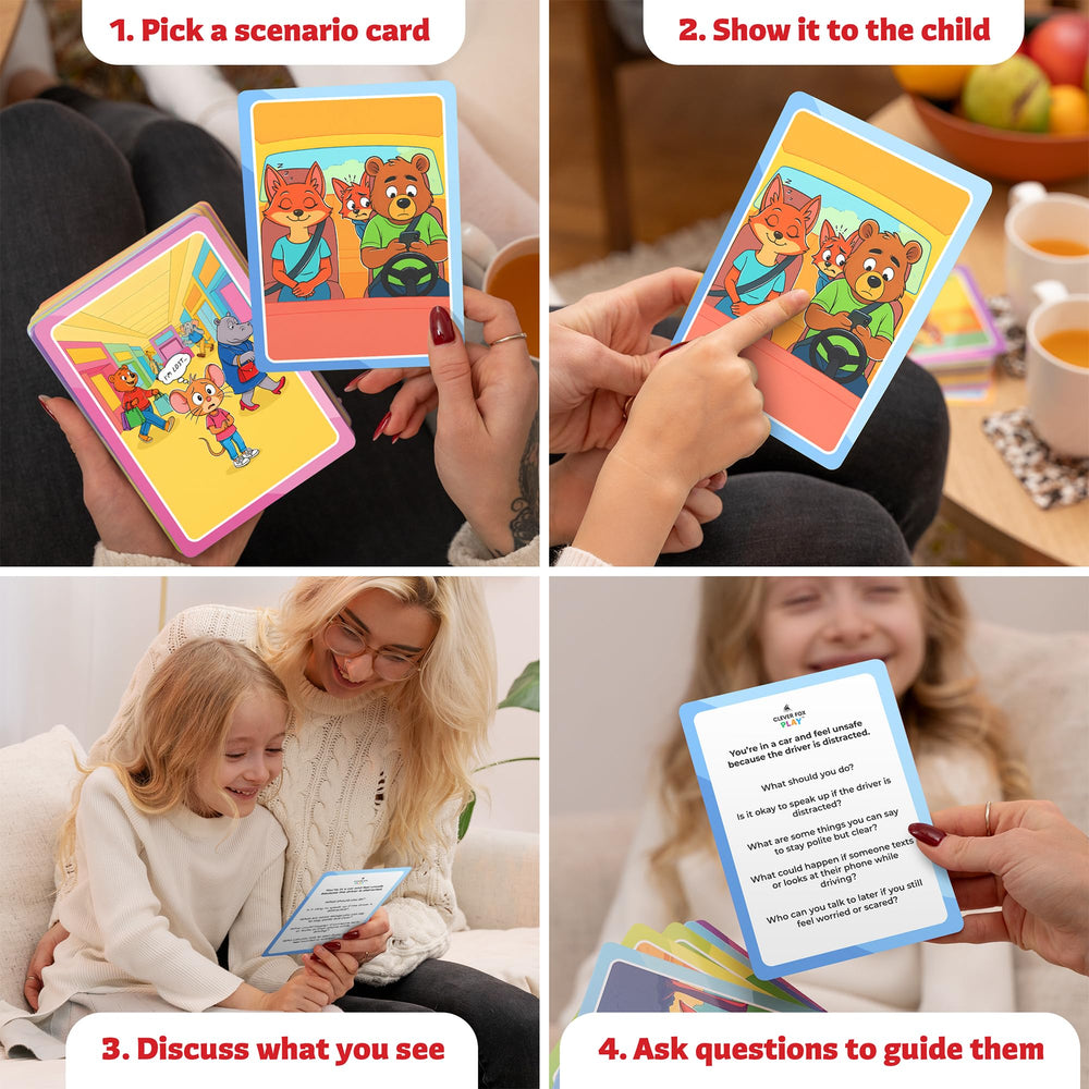 Clever Fox Play Who What Why safety-awareness-scene card highlights danger spotting and help-seeking.