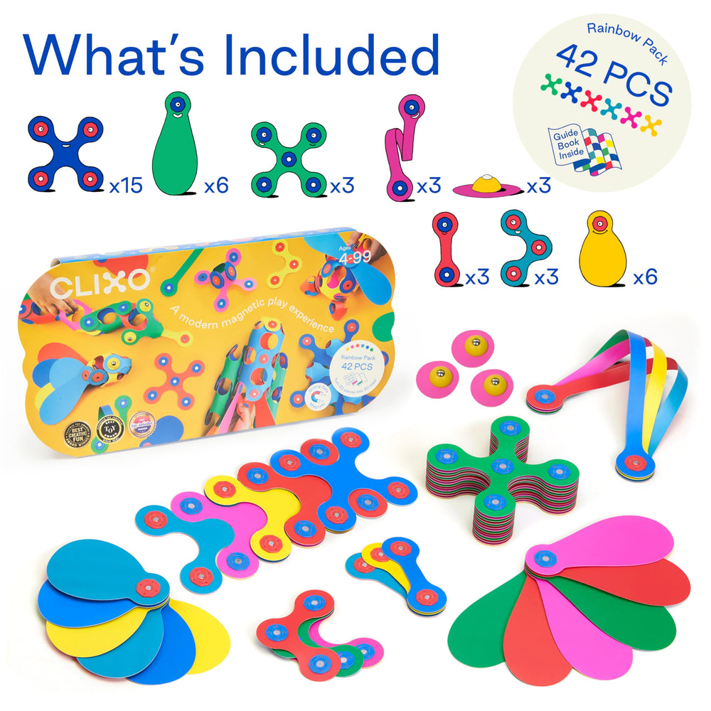 A child builds with Clixo Rainbow for creative play and problem solving.