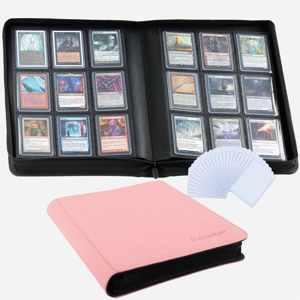 CLOVERCAT 9-pocket pink binder showcases cards with secure side-loading sleeves.