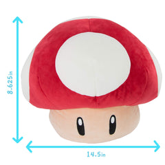 Club Mocchi Mocchi Mario Kart red mushroom plush close-up texture, showing squishy feel.