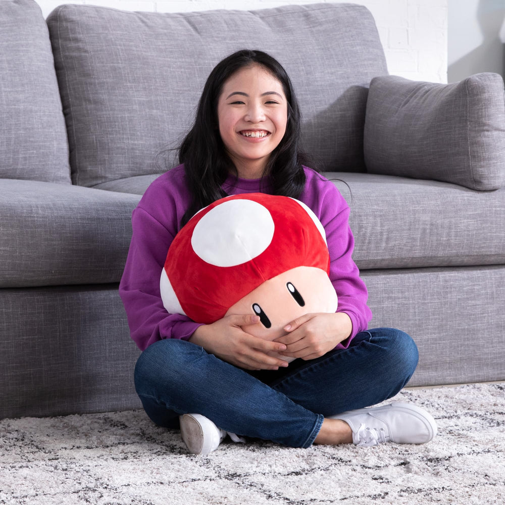 Club Mocchi Mocchi Mario Kart red mushroom plush with tag, ready for gifting.
