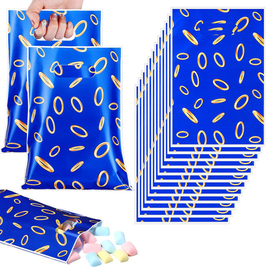 Clysee video game favors blue bags with gold ring print for easy candy packaging.